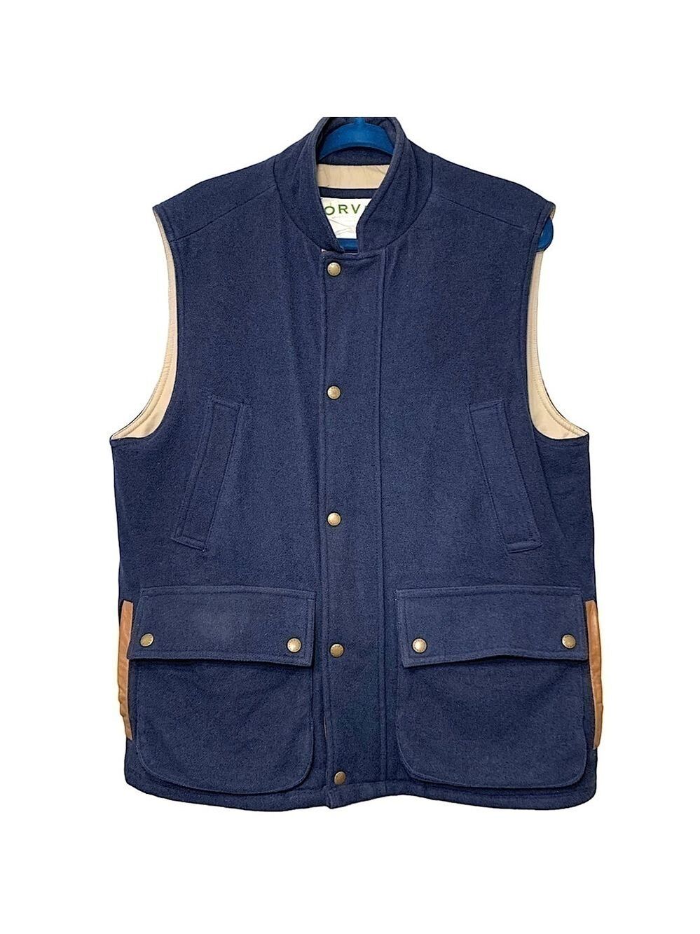 Vintage Orvis Field Jacket Vest Sz M Blue Wool Blend Leather Trim Zip Up Lined